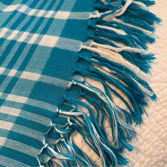 ALDO Square Scarf with Fringe. Aqua Blue, white and Silver Thread. - Picture 6 of 8